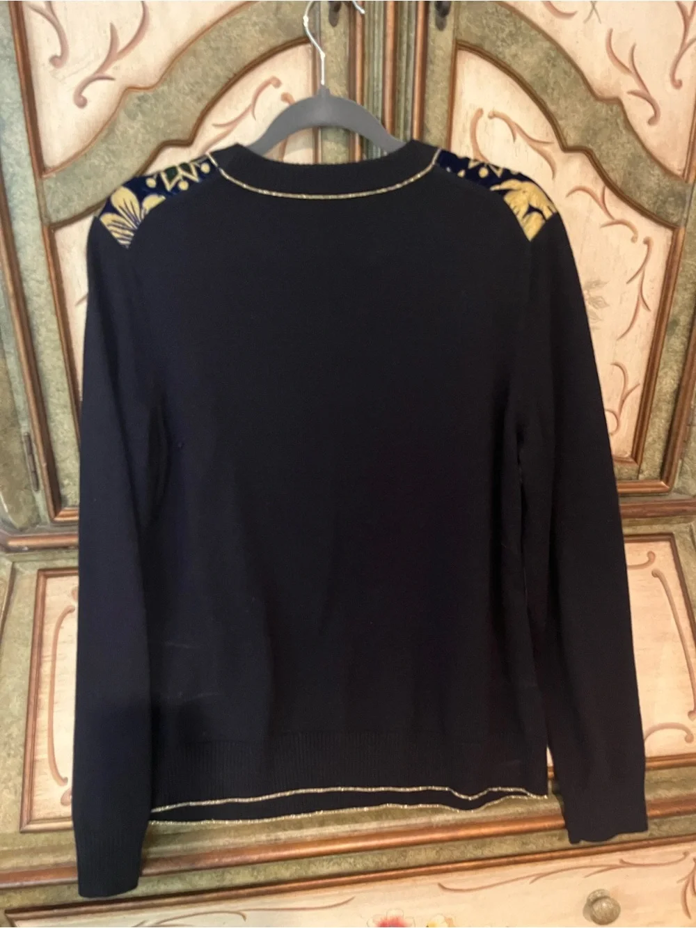 Tory Burch Women’s Black Velvet Floral Metallic Gold Sweater